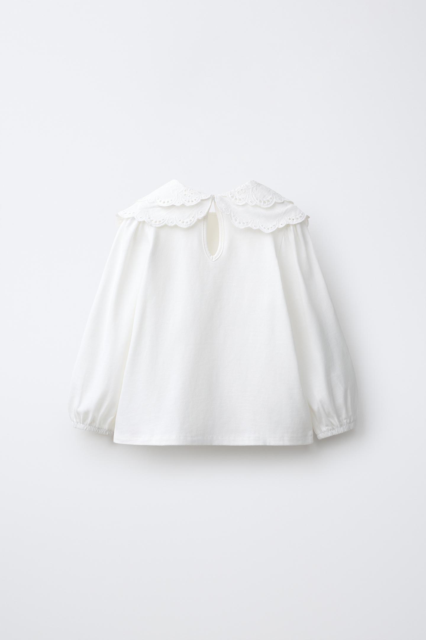 Детский топ Zara Embroidered Contrast Collar Top, цвет: Устричный белый — фото 3
