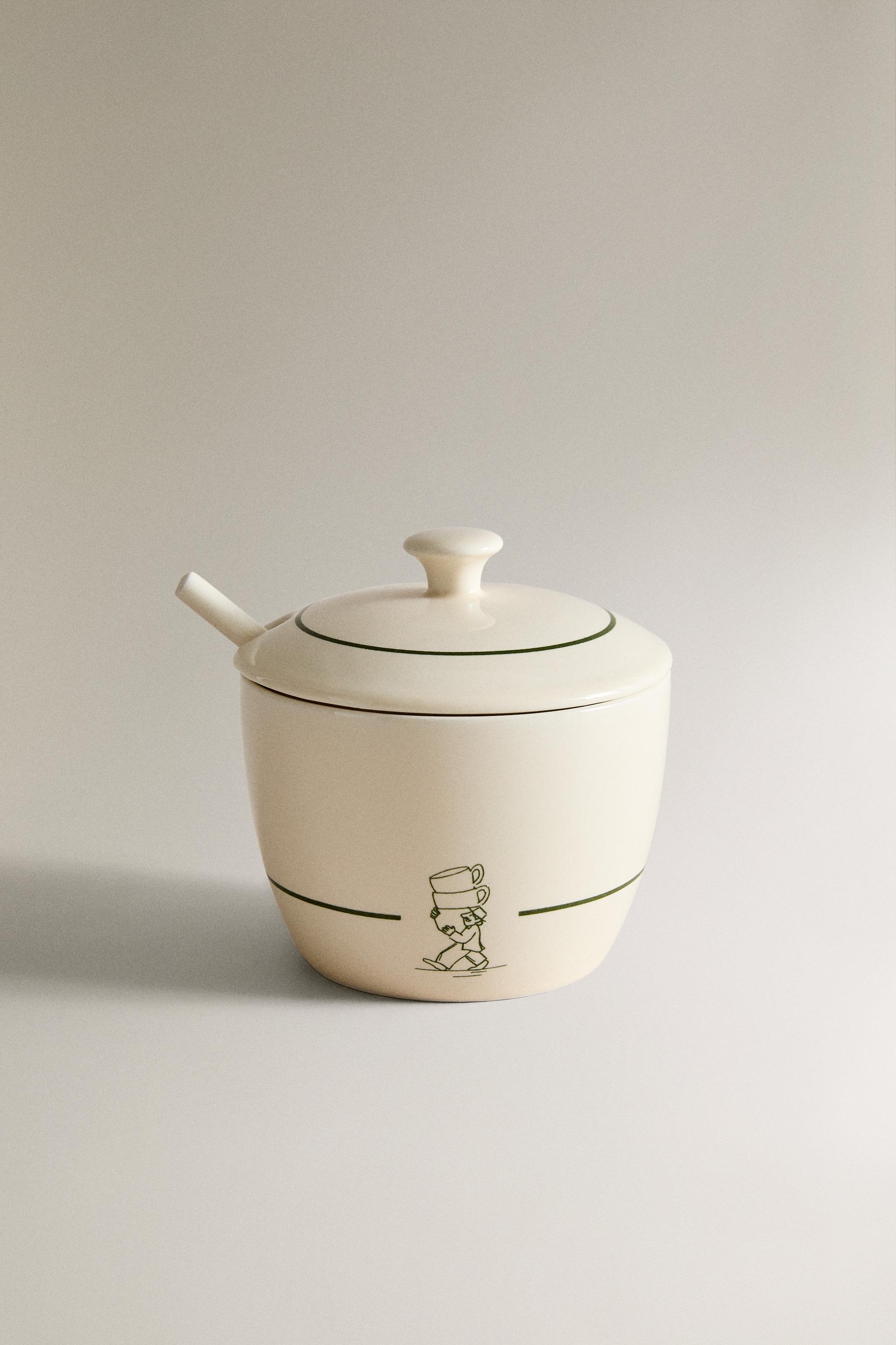 ストーンウェアカフェ シュガーポット - ホワイト/グリーン | ZARA