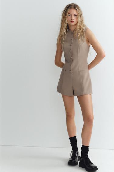 SHORT BUTTONED JUMPSUIT - Brown / Taupe by Zara