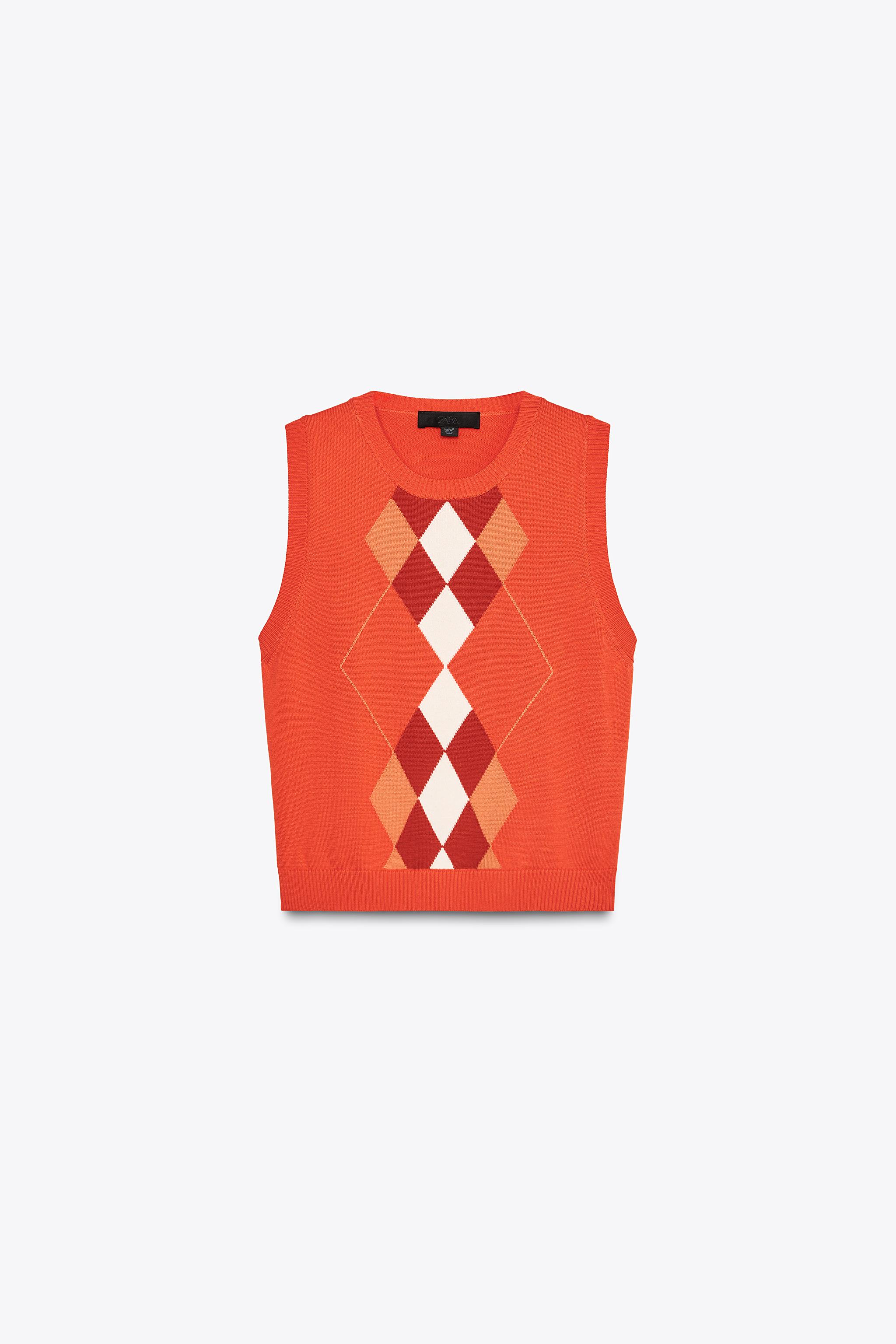 ダイヤ柄ニットベストトップス - オレンジ色 | ZARA Japan / 日本 ダイヤ柄ニットベストトップス - オレンジ色 | ZARA Japan / 日本