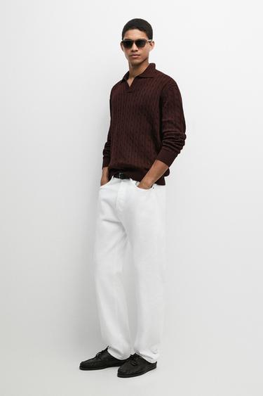 Zara 100% Cotton Cable-Knit Polo Sweater - Burgundy - Image 0