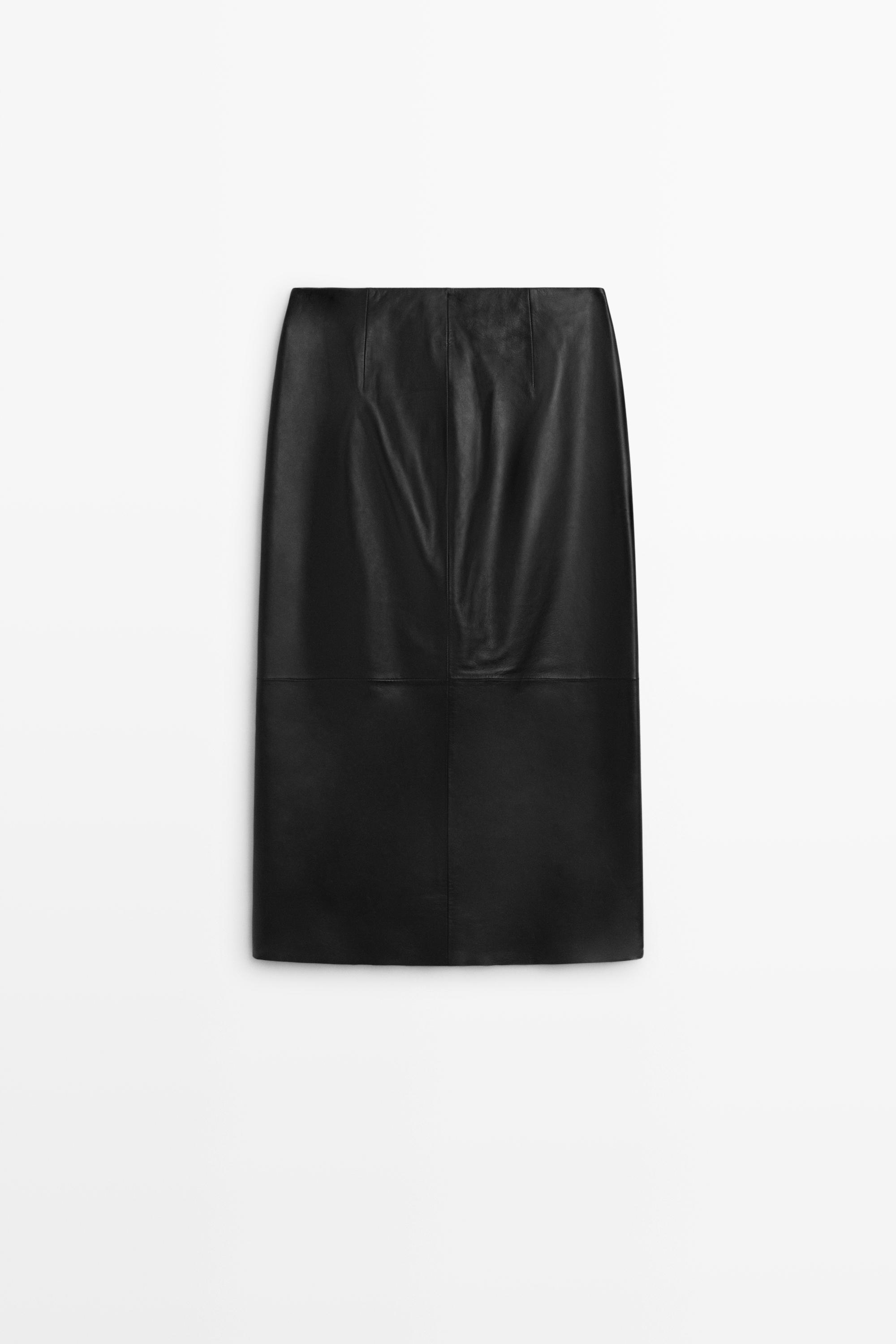 Jupe midi zippée en cuir nappa