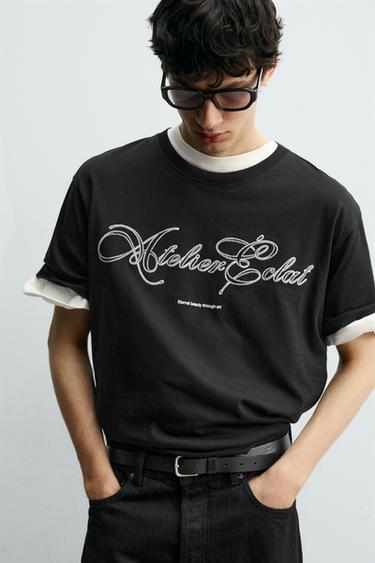 CAMISETA BORDADO TEXTO - Negro de Zara
