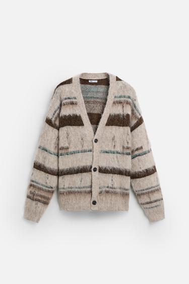 Zara STRIPED TEXTURED OPEN KNIT CARDIGAN - Ecru