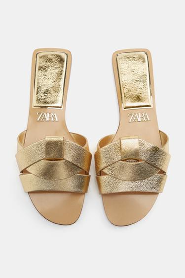 CROSS-STRAP FLAT LEATHER SANDALS - Gold by Zara