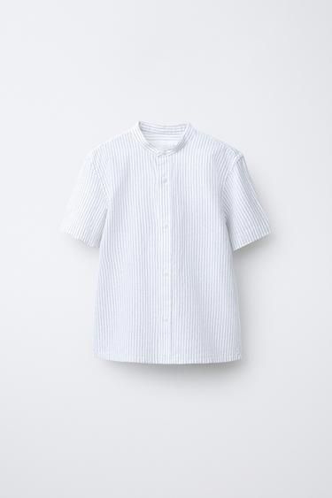 STRIPED COTTON AND LINEN STAND COLLAR SHIRT - Grey by Zara