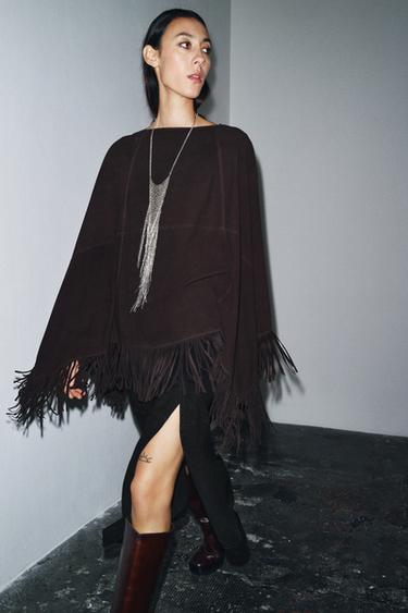 LEATHER FRINGE CAPE - Brown by Zara