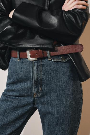 Zara 100% LEATHER BELT WITH METAL BUCKLE - Brown