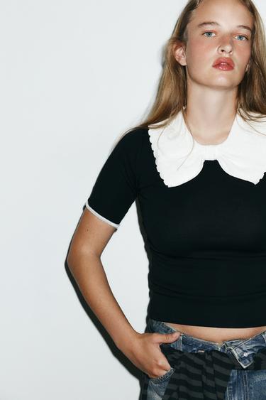 Zara KNIT COLLAR BOW T-SHIRT - Black