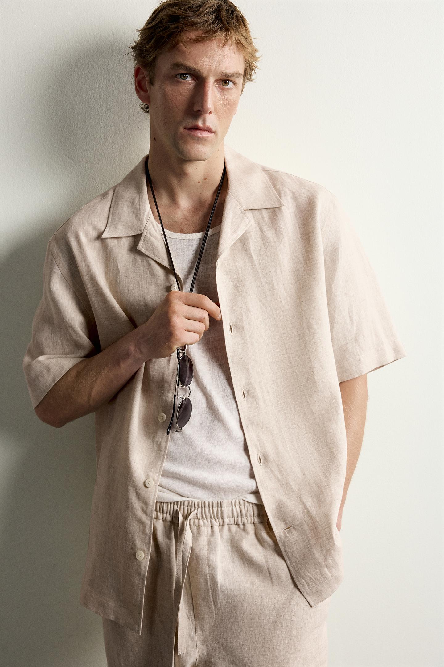 Мужская рубашка Zara 100% Linen Relaxed Fit, цвет: Светлый бежевый — фото 6