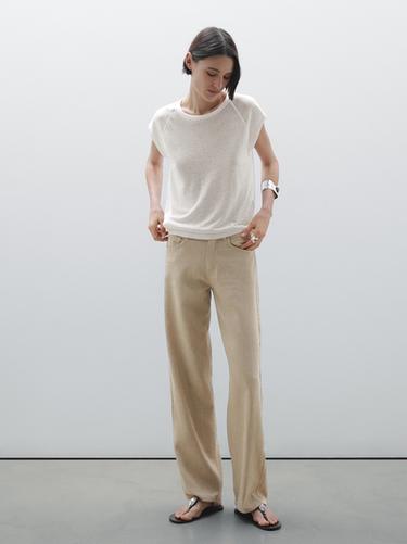 Zara Straight fit linen blend trousers - Sand - Image 0