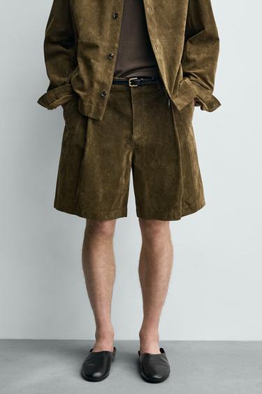 RELAXED FIT SUEDE BERMUDA SHORTS - Khaki by Zara - Image 1