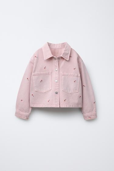 Zara EMBROIDERED FLORAL TWILL OVERSHIRT - Mid-pink