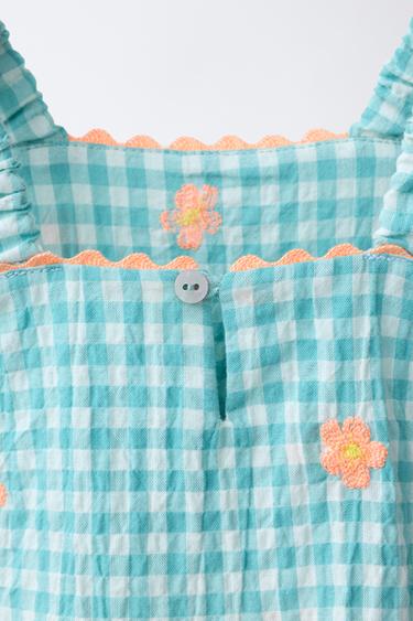 COMBI-SHORT À CARREAUX VICHY ET FLEURS BRODÉES - Bleu / Vert de Zara - Image 3