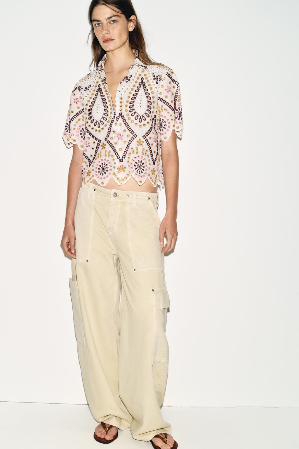 EMBROIDERED EYELET SHORT SLEEVE SHIRT