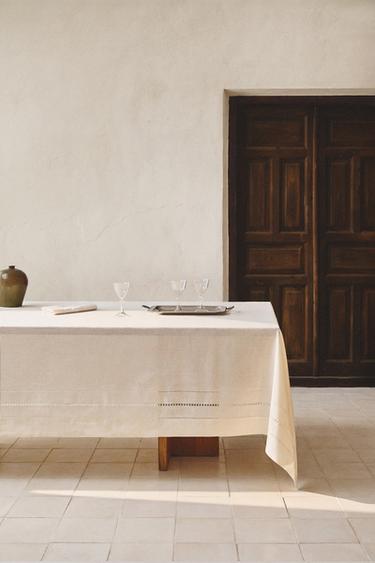 HEMSTITCHED INSERT LINEN TABLECLOTH - Ecru by Zara