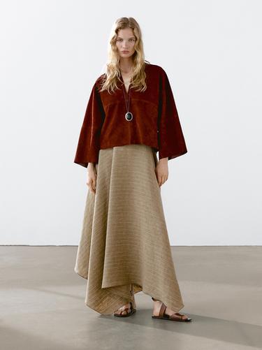 Zara Flounce linen midi skirt with striped detail - Sand