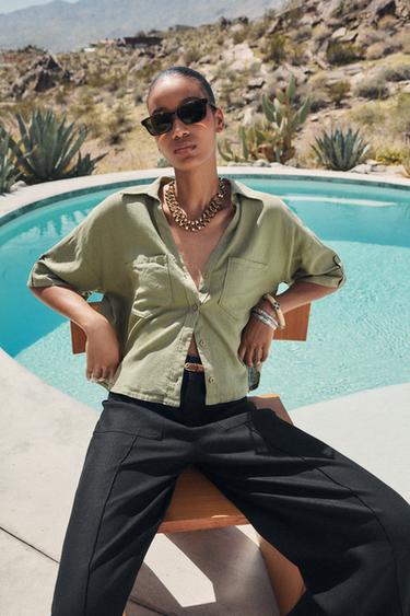 CROPPED LINEN BLEND SHIRT - Light khaki by Zara
