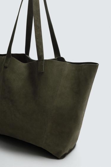 LEATHER TOTE BAG - Khaki Green by Zara - Image 4