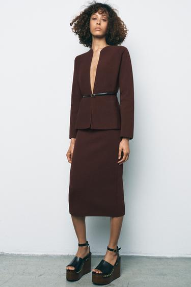 Zara PLAIN KNIT PENCIL SKIRT - Brown