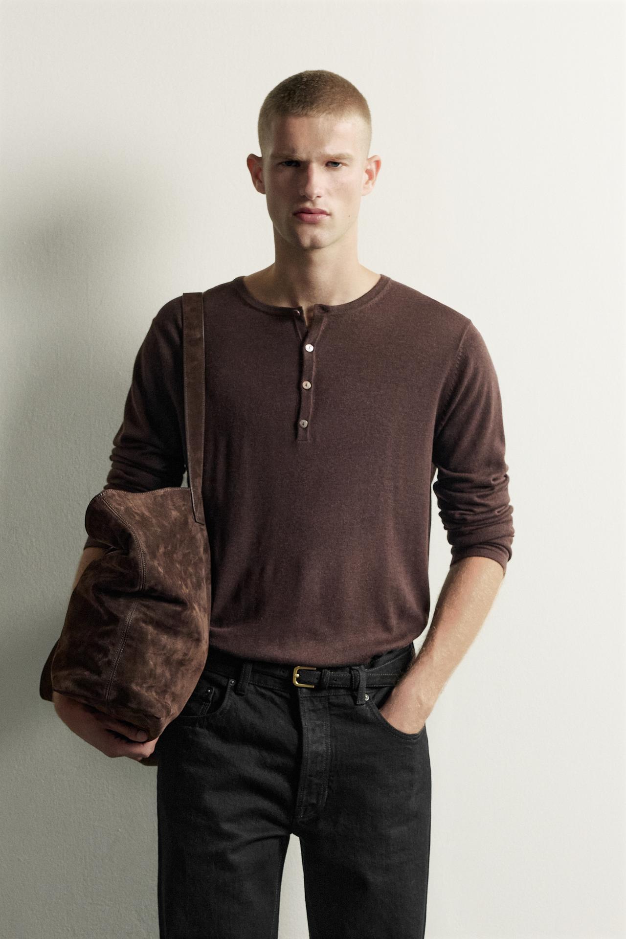 KNIT HENLEY SHIRT — Brown