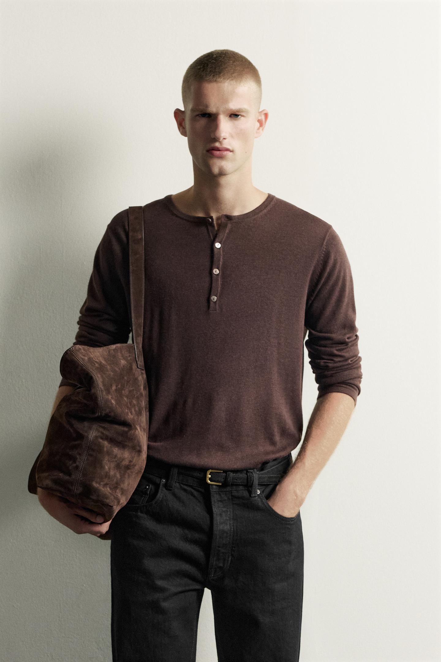 Мужская рубашка Zara Knit Henley, цвет: Коричневый — фото 2