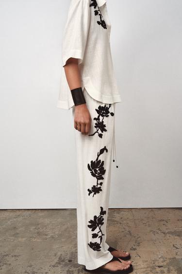 Zara ZW COLLECTION FLORAL EMBROIDERED PANTS - Black / White