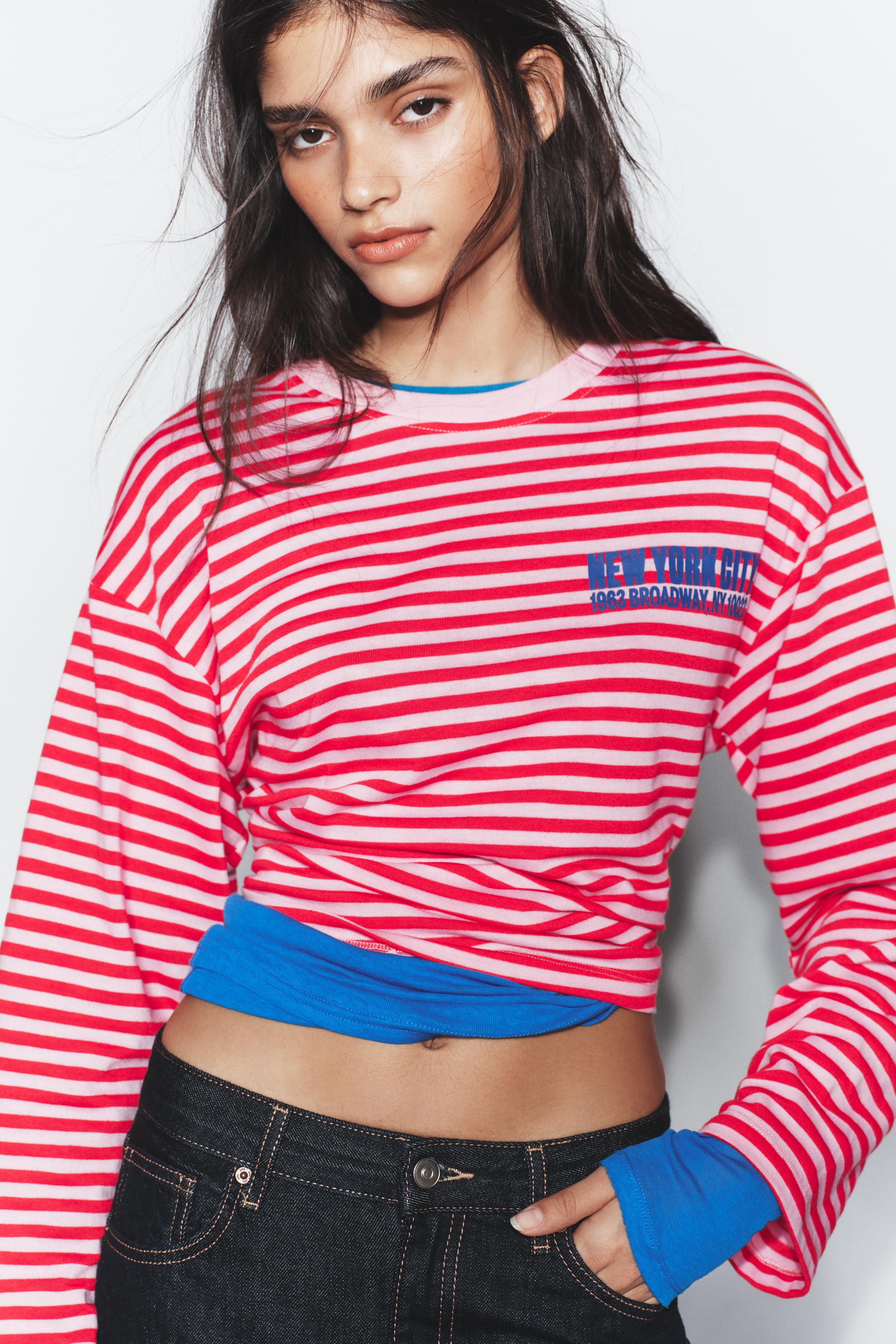 Женские футболки Zara STRIPED TEXT T-SHIRT — фото 3