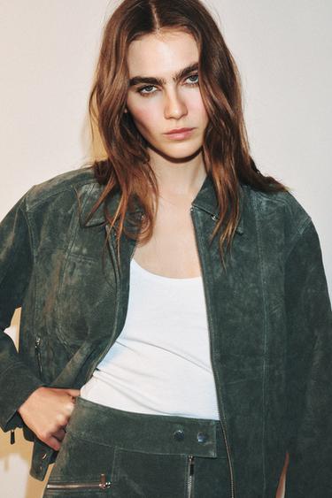 100% LEATHER SUEDE JACKET - Khaki by Zara - Image 2