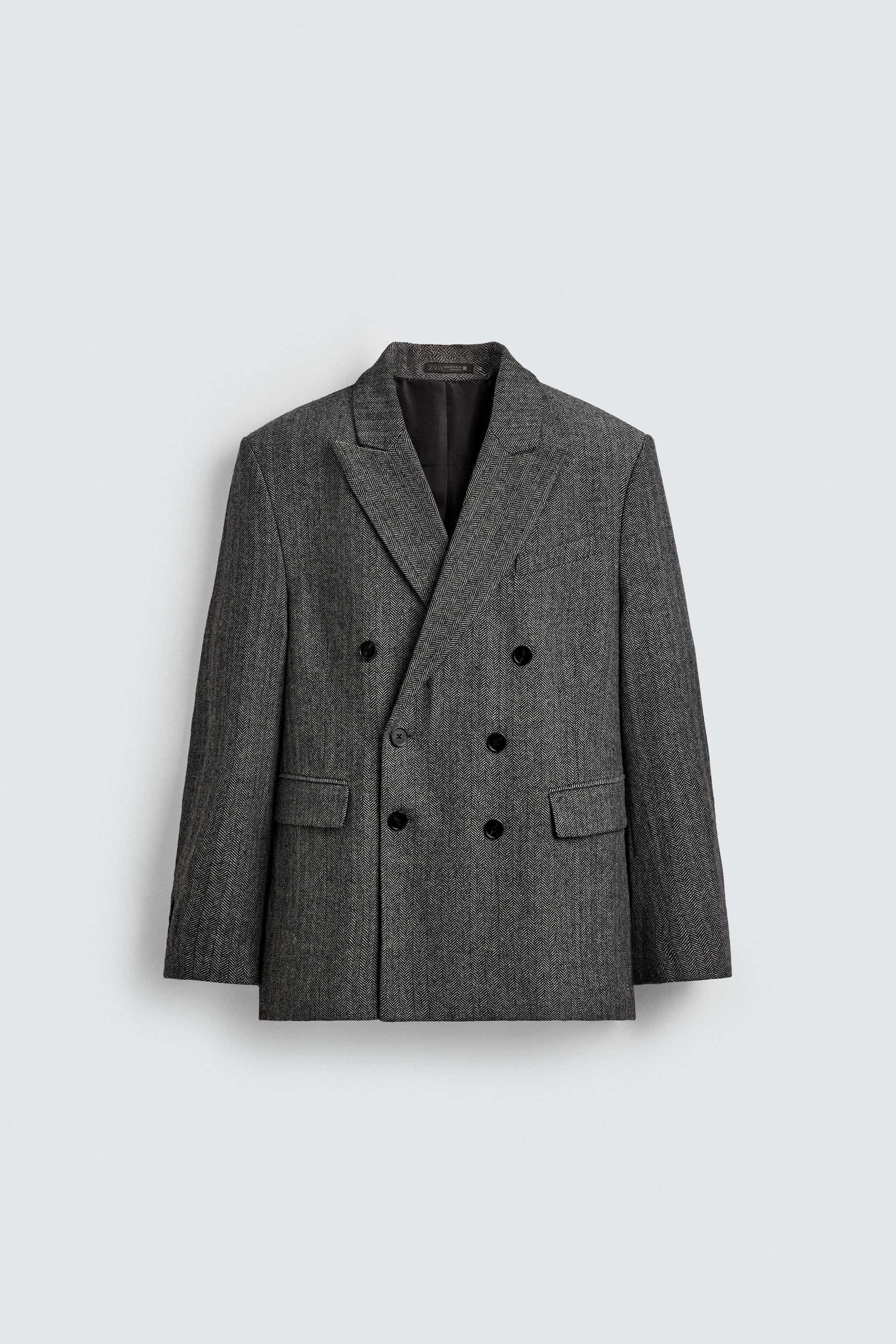Herringbone Textured Wool Suit Blazer - Grey