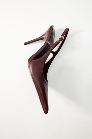 حذاء جلدي بكعب - أحمر عنابي الخاص بـ Zara