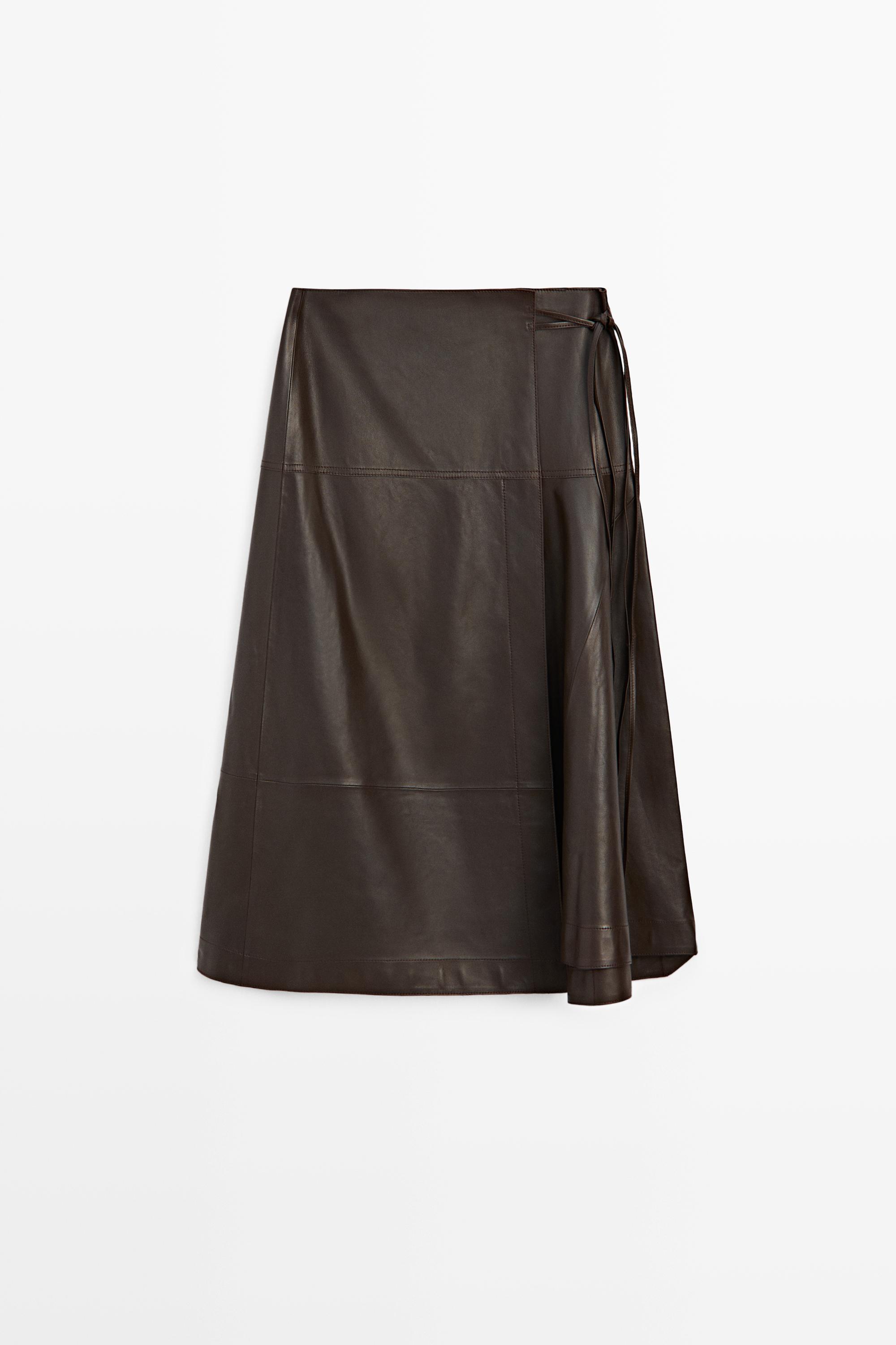 Nappa leather midi skirt with tie detail