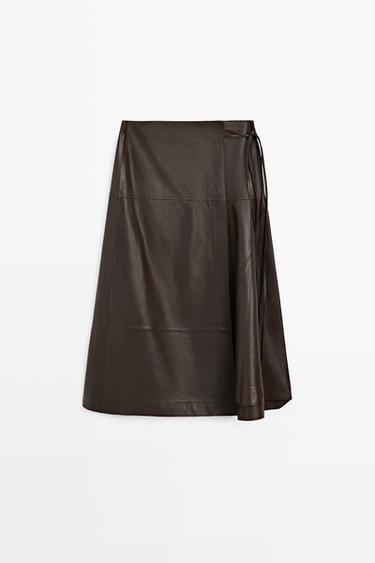Zara Nappa leather midi skirt with tie detail - Brown - Image 0