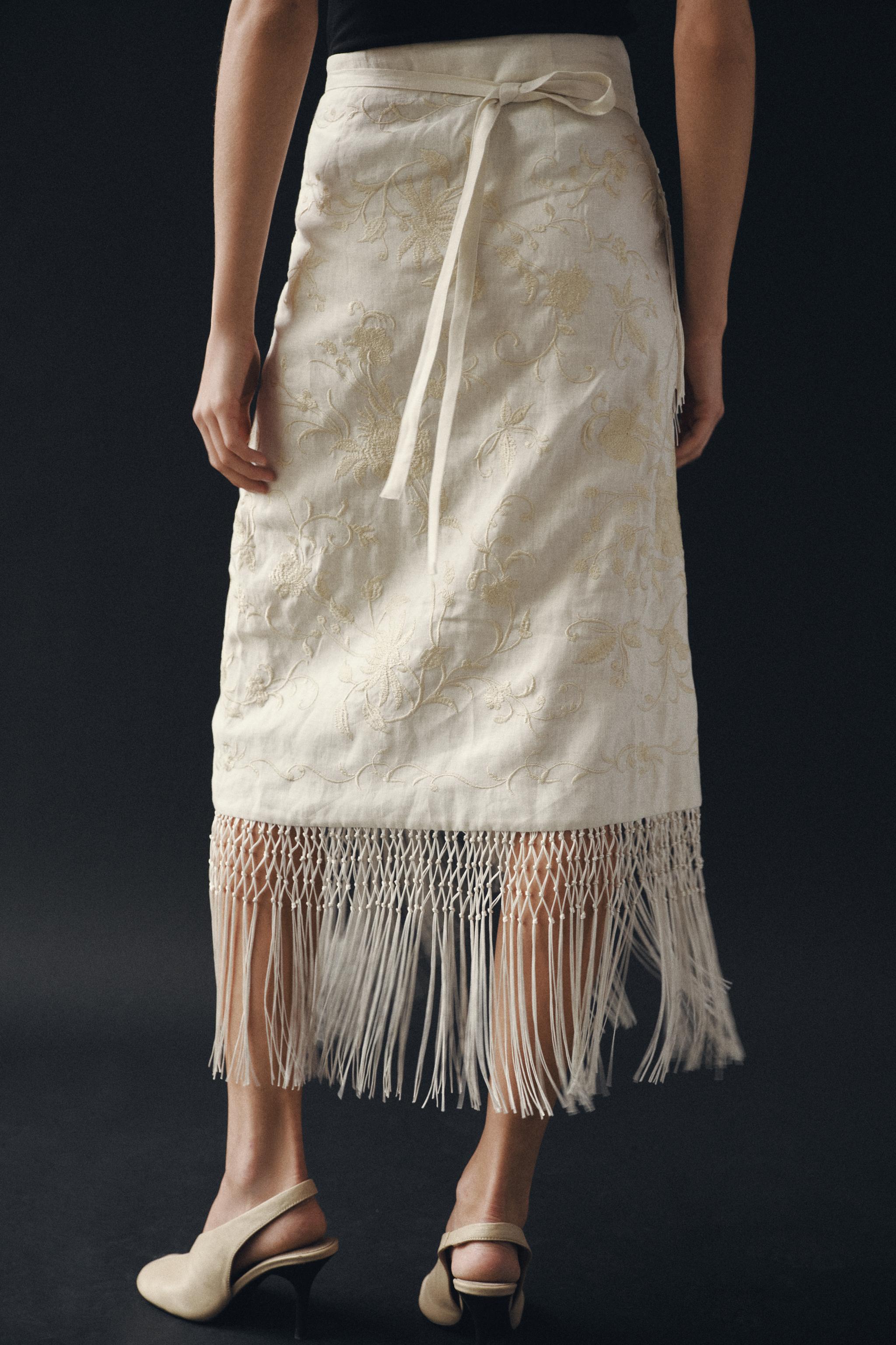 ZW COLLECTION リネン100%刺繍ミディスカート - エクリュ | ZARA Japan
