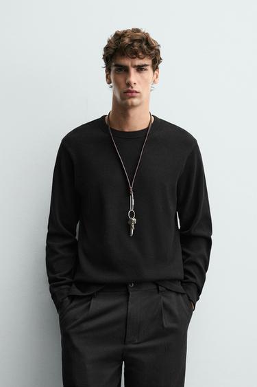Zara WAFFLE WEAVE T-SHIRT - Black