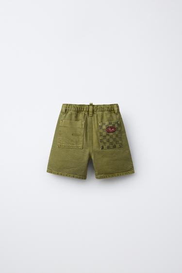 SHORT EN SERGÉ À POCHE À CARREAUX - Kaki de Zara