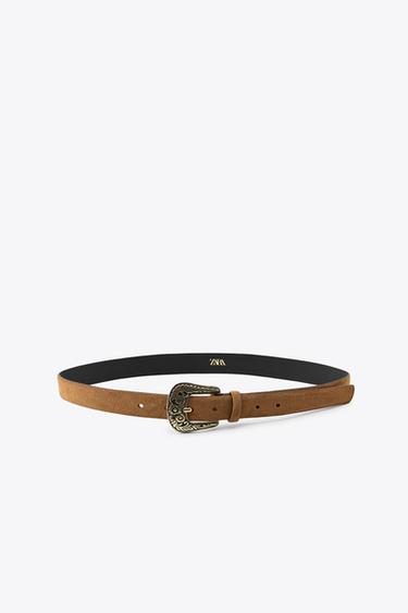 LEATHER BELT WITH ENGRAVED BUCKLE - Mid-camel by Zara