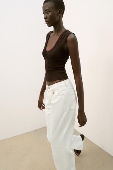 T-SHIRT EN COTON COL EN V - Marron de Zara - Image 2