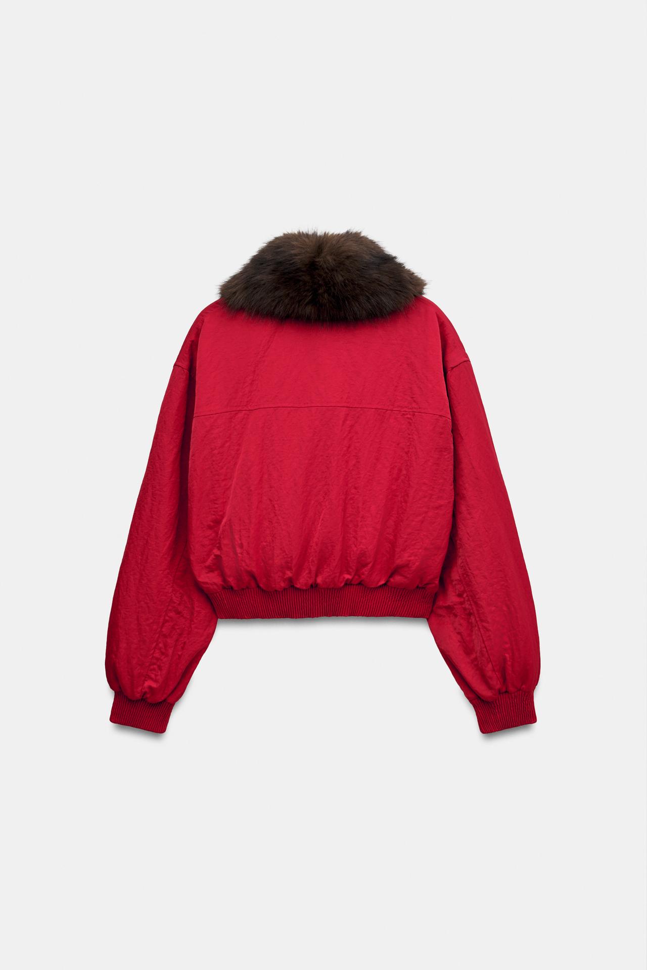 FAUX FUR COLLAR BOMBER JACKET — Red