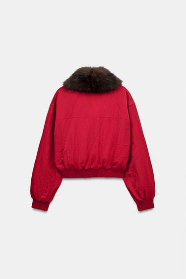 FAUX FUR COLLAR BOMBER JACKET — Red 2