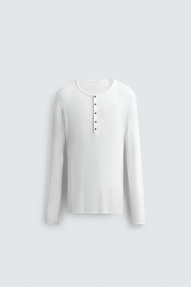 VISCOSE TEXTURED HENLEY T-SHIRT - White by Zara