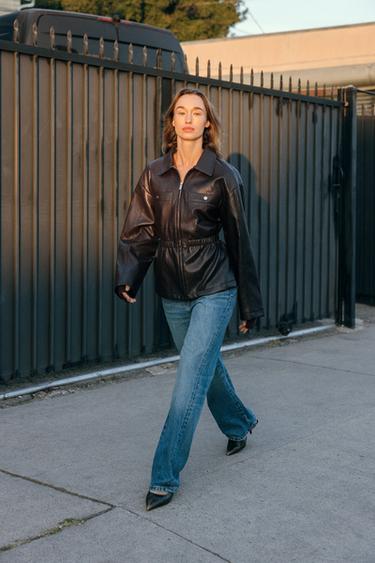 FAUX LEATHER JACKET WITH ELASTICATED WAIST - Brown by Zara