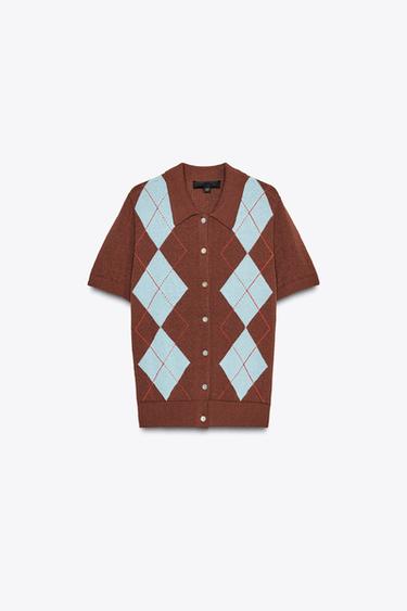 DIAMOND PATTERN KNIT POLO TOP - Brown-Blue by Zara - Image 4