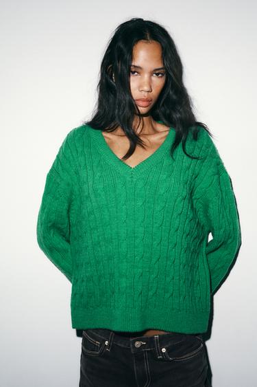 Zara CABLE KNIT V-NECK JUMPER - Green