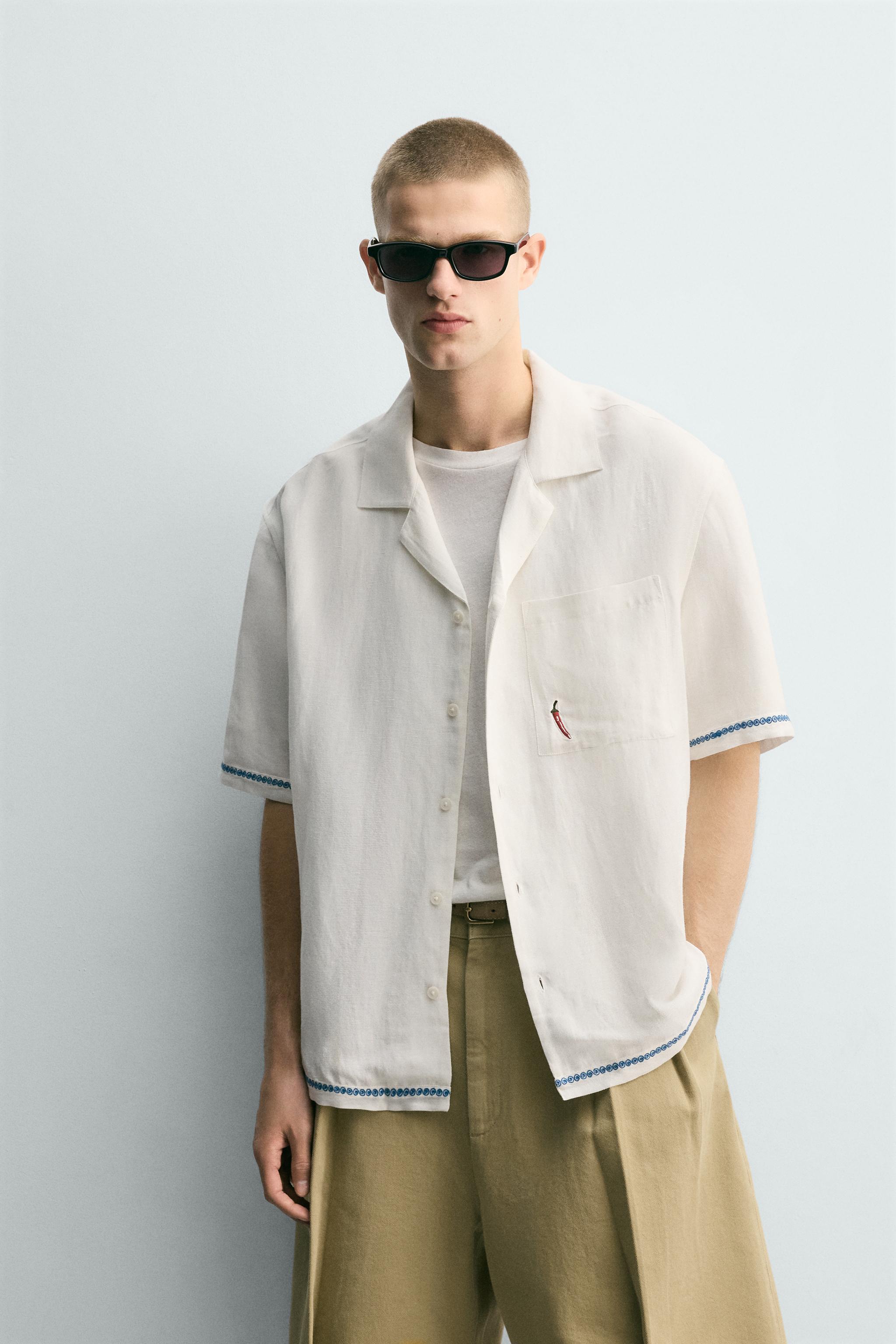 CHEMISE EN VISCOSE ET LIN AVEC BRODERIES CONTRASTE