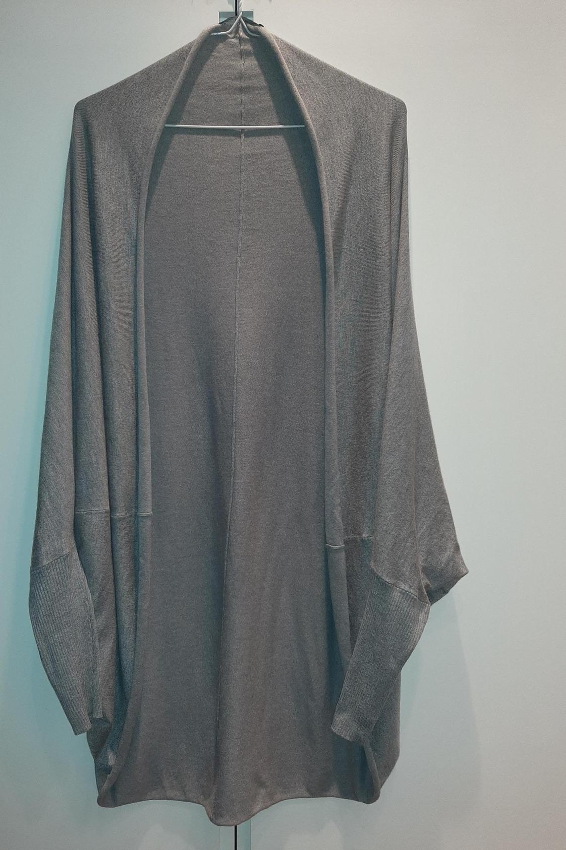 Front view of a grey cardigan with long sleeves and a straight hem.