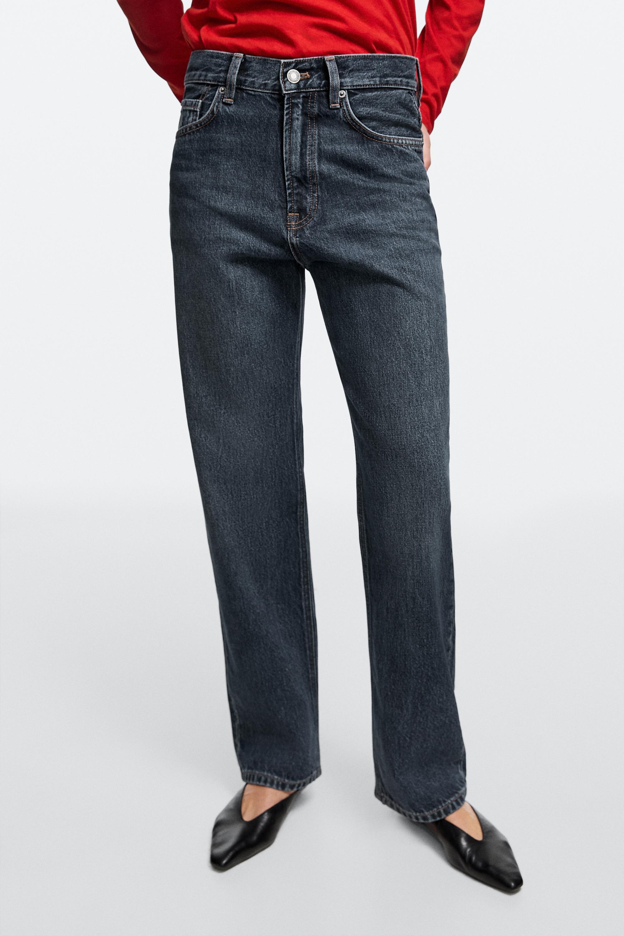 High-waist straight-leg jeans — Mid-blue