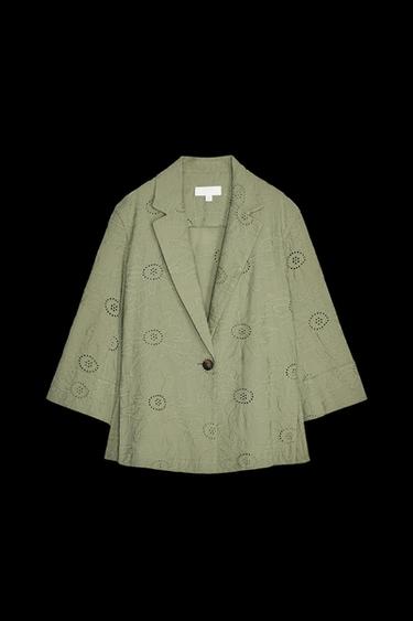 Zara PERFORATED EMBROIDERY BLAZER - Khaki - Image 0