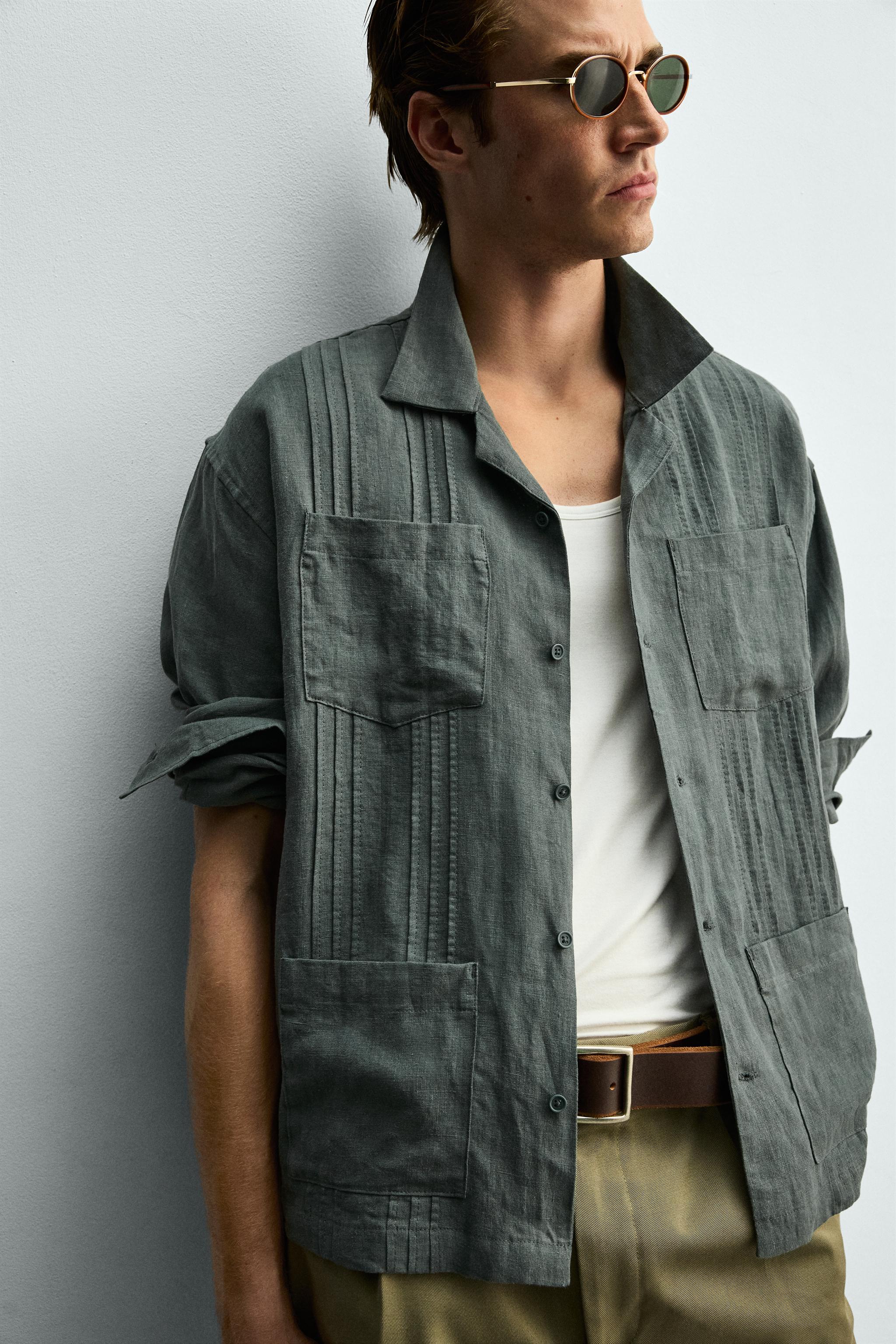 RELAXED FIT 100% LINEN PLEATED SHIRT