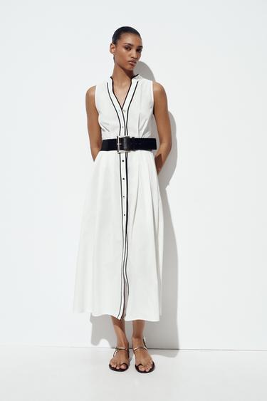 CONTRAST TRIM POPLIN MIDI DRESS - Ecru by Zara - Image 0